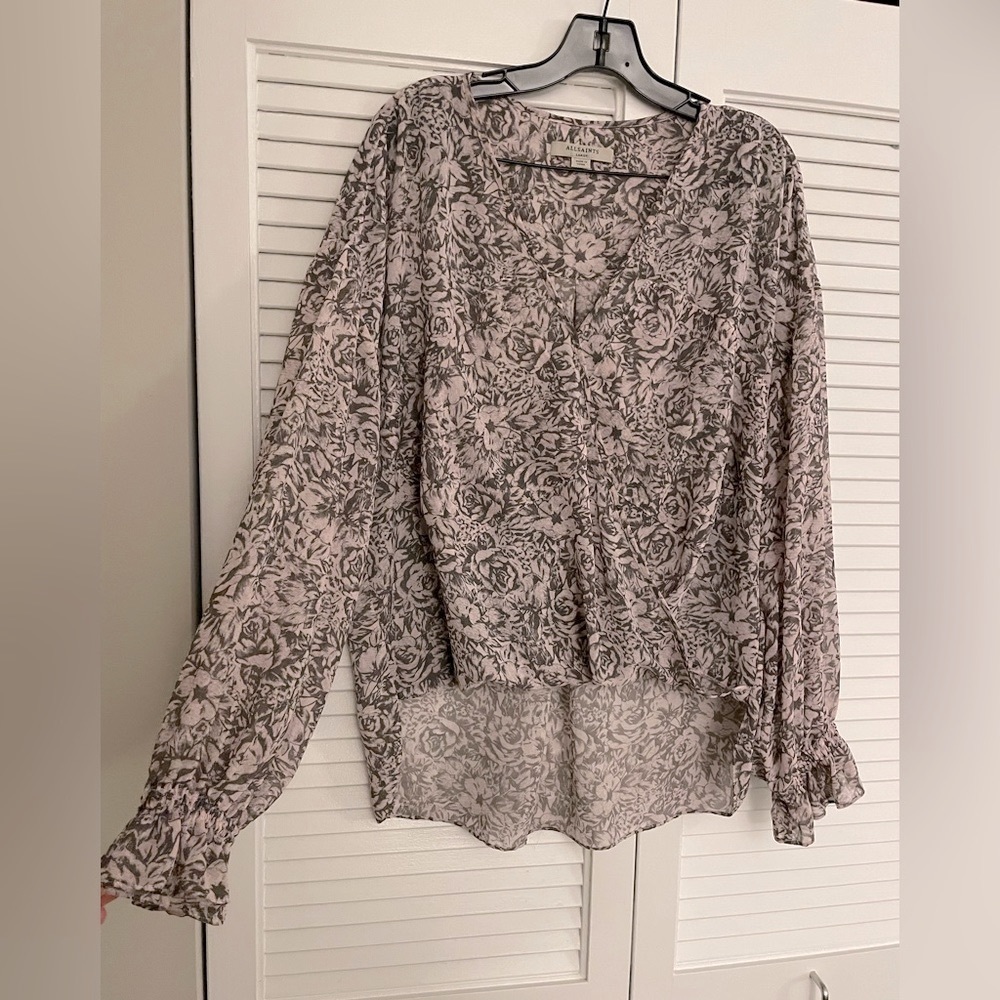 All Saints -Light Pink & Brown Rose Pattern Top, Size: L
